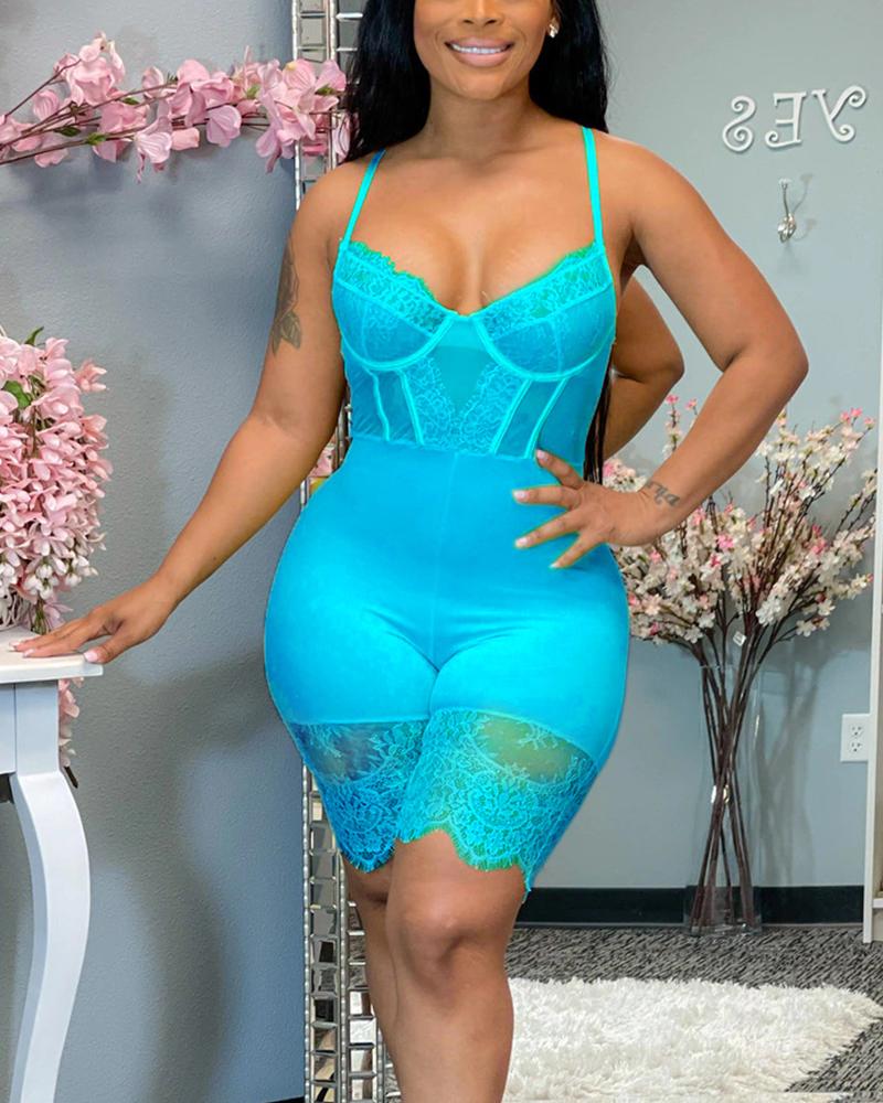 

Spaghetti Strap Lace Trim Unitard Cami Romper, Blue