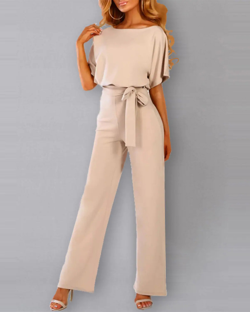 

Batwing Sleeve Keyhole Back Belted Jumpsuit, Apricot