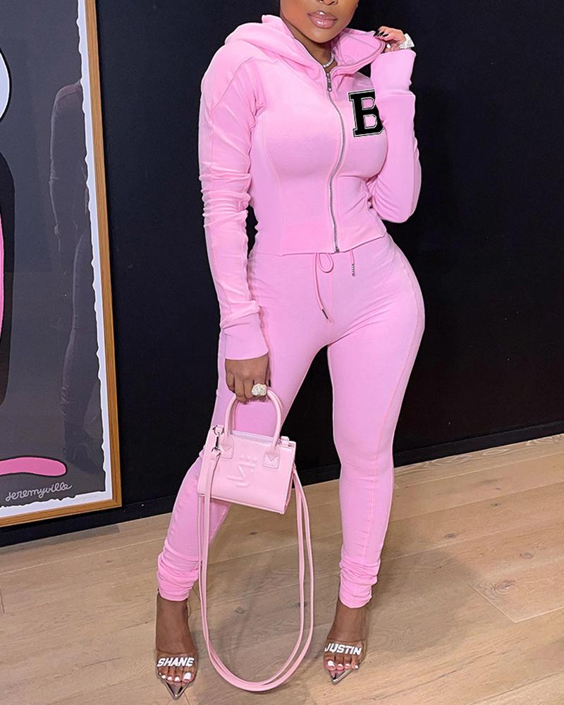 

Letter Print Hooded Zip Up Top & Drawstring Pants Set, Pink