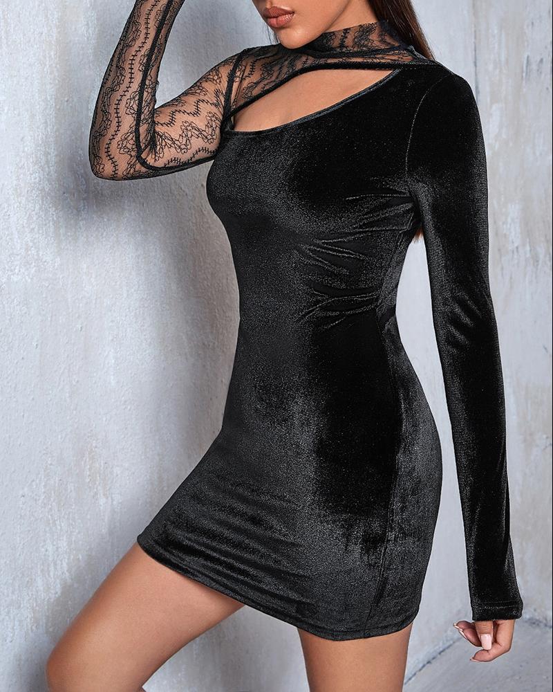 

Lace Patch Cutout Front Velvet Bodycon Dress, Black