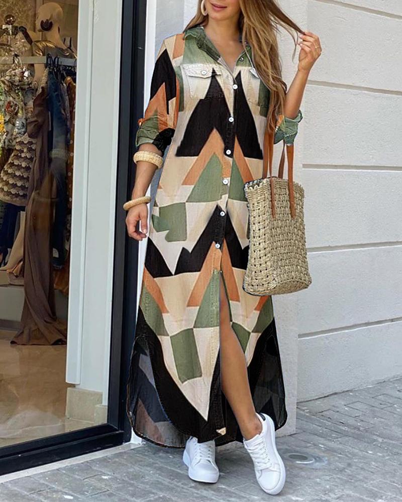 

Colorblock Button Pocket Front Slit Maxi Shirt Dress, Green