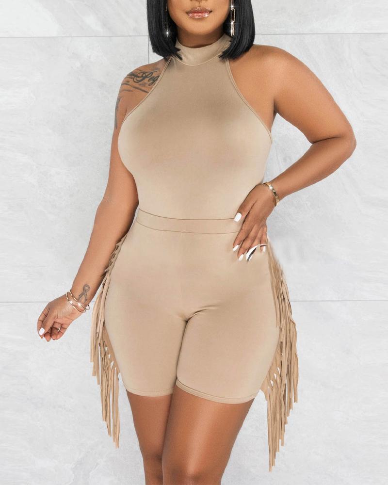 

Halter Sleeveless Tank Top & Tassel Design Shorts Set, Apricot