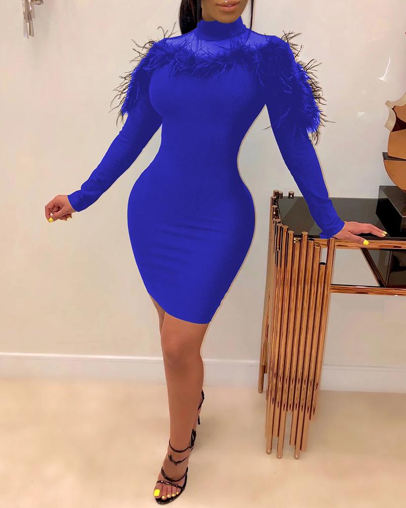

Solid Fluffy Hem Mesh Bodycon Dress, Blue