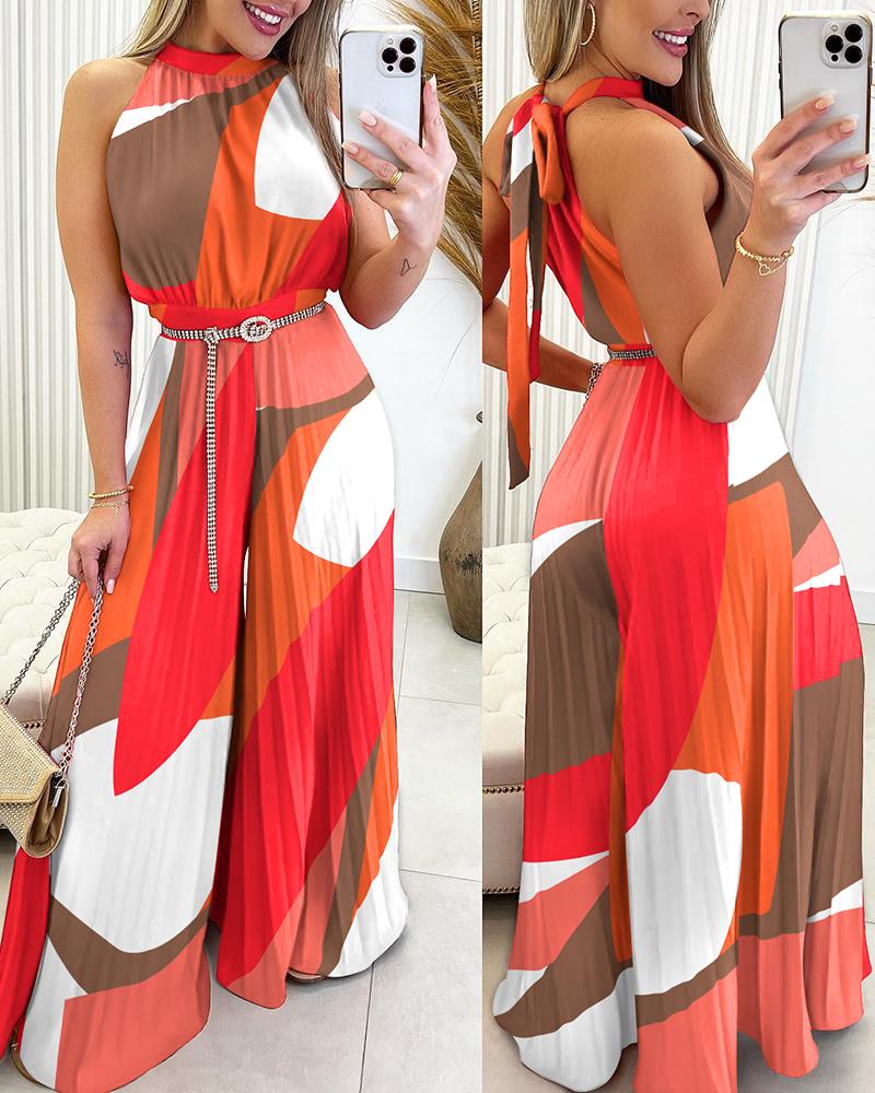 Geometric Print Sleeveless Pleated Wide Leg Jumpsuit