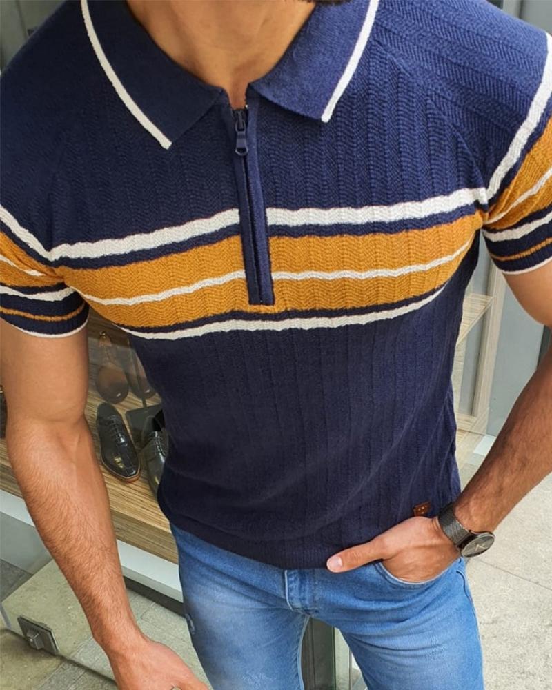 

Wide Striped Short Sleeve Button-up T-shirts, Dark blue