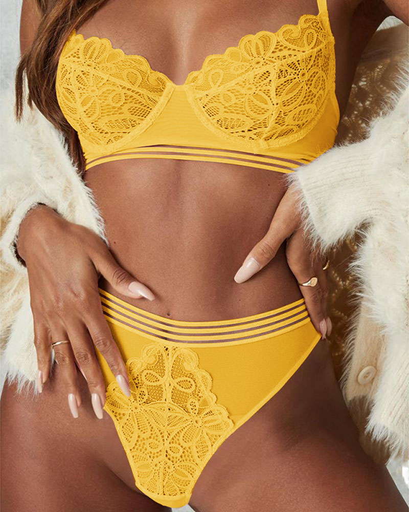 

See Through Lace Lingerie Set, Yellow