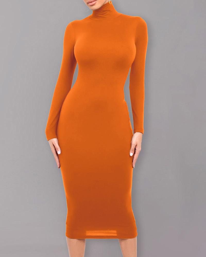 

Plain Long Sleeve Mid-Calf Dress, Orange