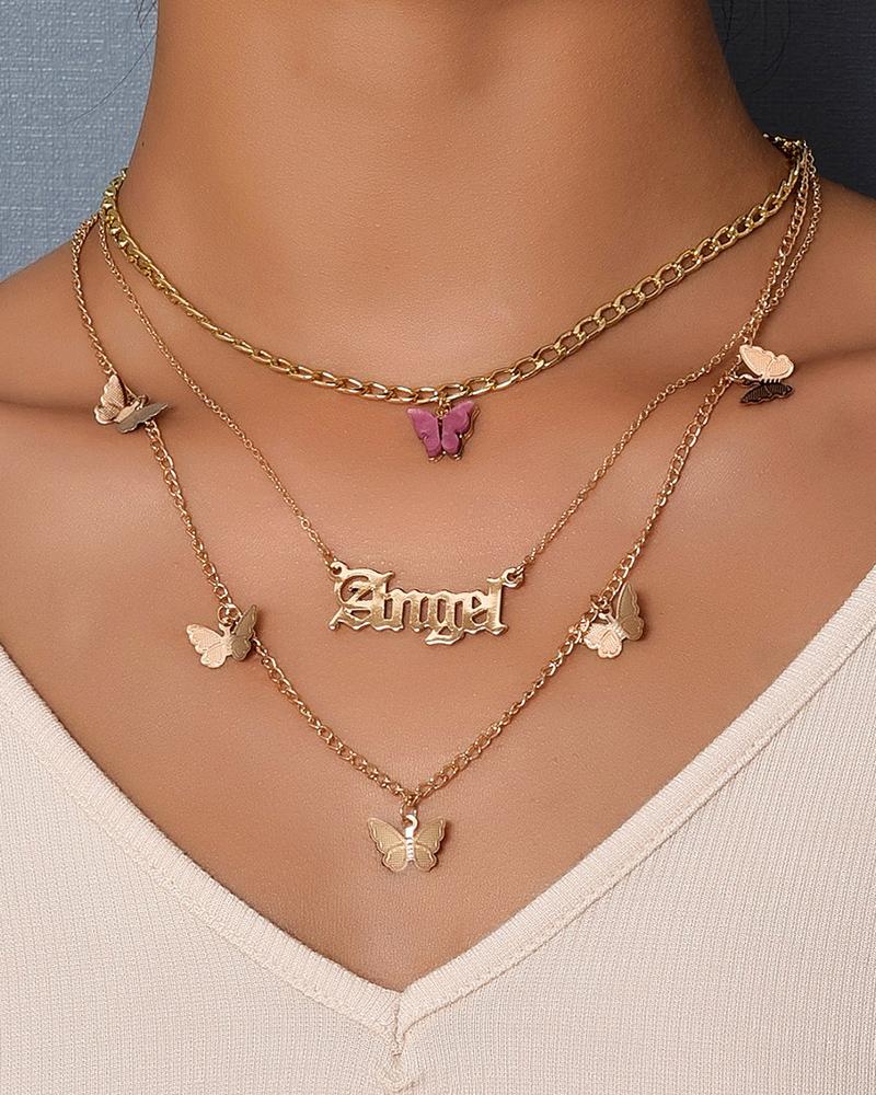 

1pc Butterfly Letter Decor Layered Pendant Necklace, Gold