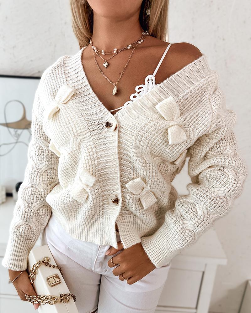 

Cable Knit Bowknot Design Cardigan, Beige