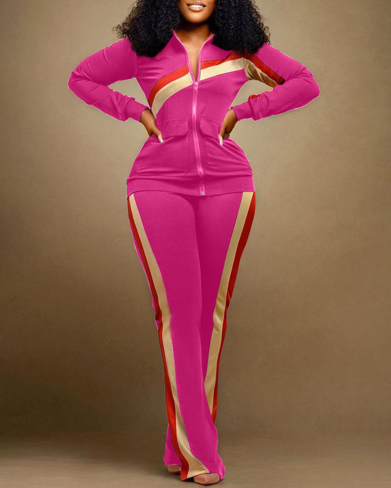 

Plus Size Contrast Paneled Zip Up Top & Pants Set, Hot pink