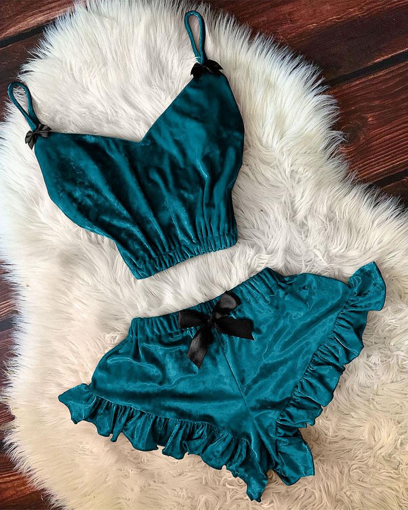 

Velvet Bowknot Decor Ruffle Hem Cami Set, Dark green