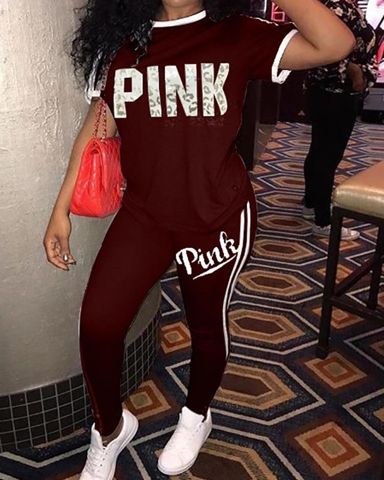 

Letter Print Contrast Binding Striped Pants Set, Wine red
