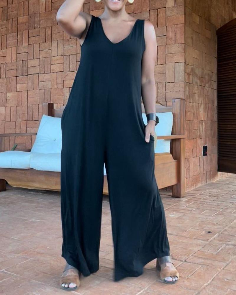

Plain V-Neck Sleeveless Casual Jumpsuit, Black