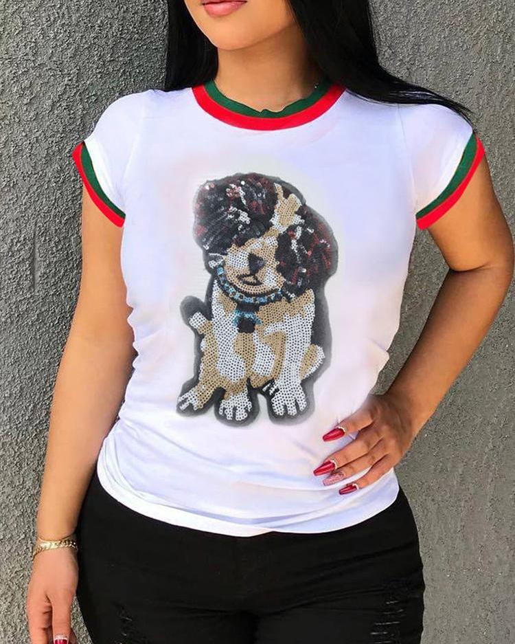 

Sequins Striped Tape Short Sleeve Tee, White