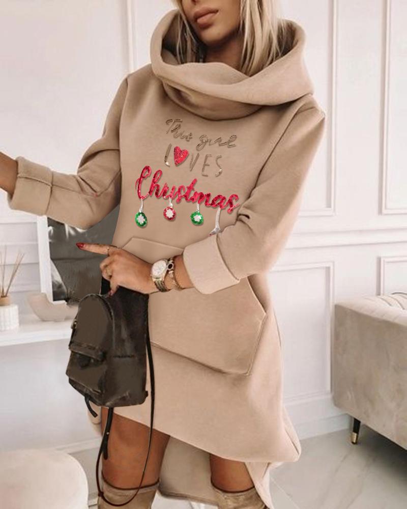 

Christmas Contrast Sequin Pattern Sweatshirt Dress, Apricot