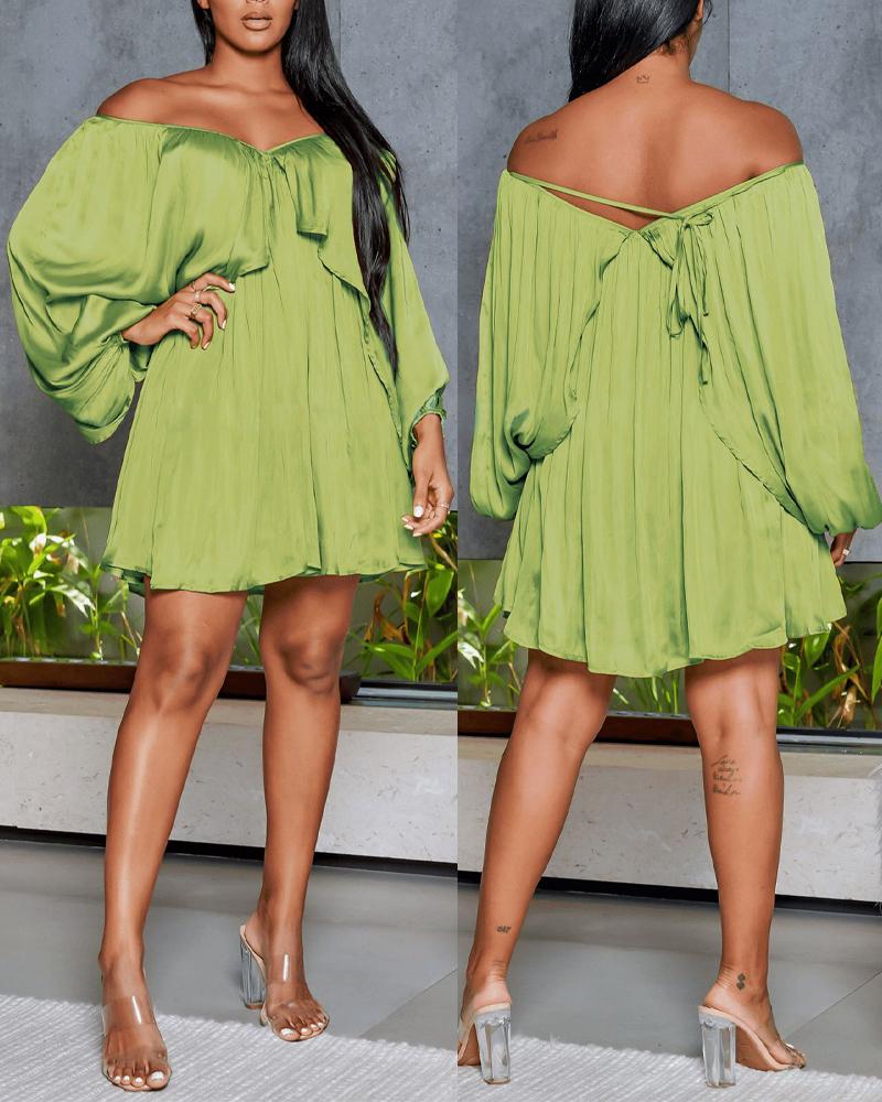 

Off Shoulder Lantern Sleeve Swing Dress, Green