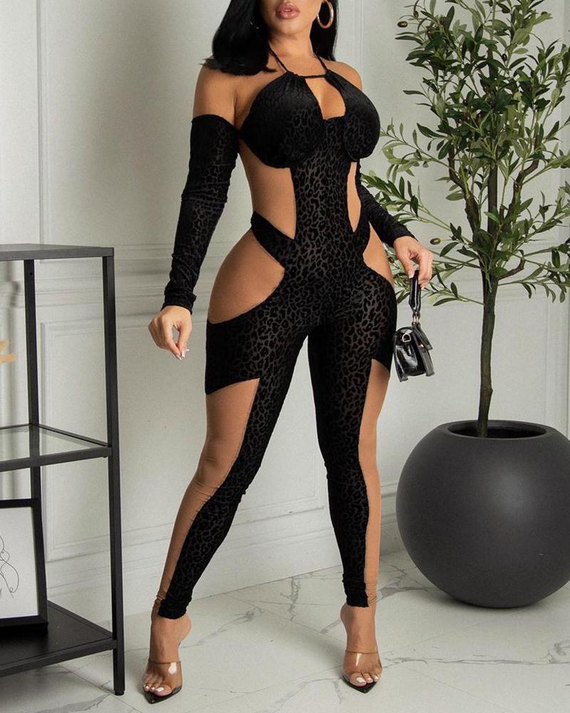 

Cheetah Print Sheer Mesh Patch Long Sleeve Jumpsuit, Black