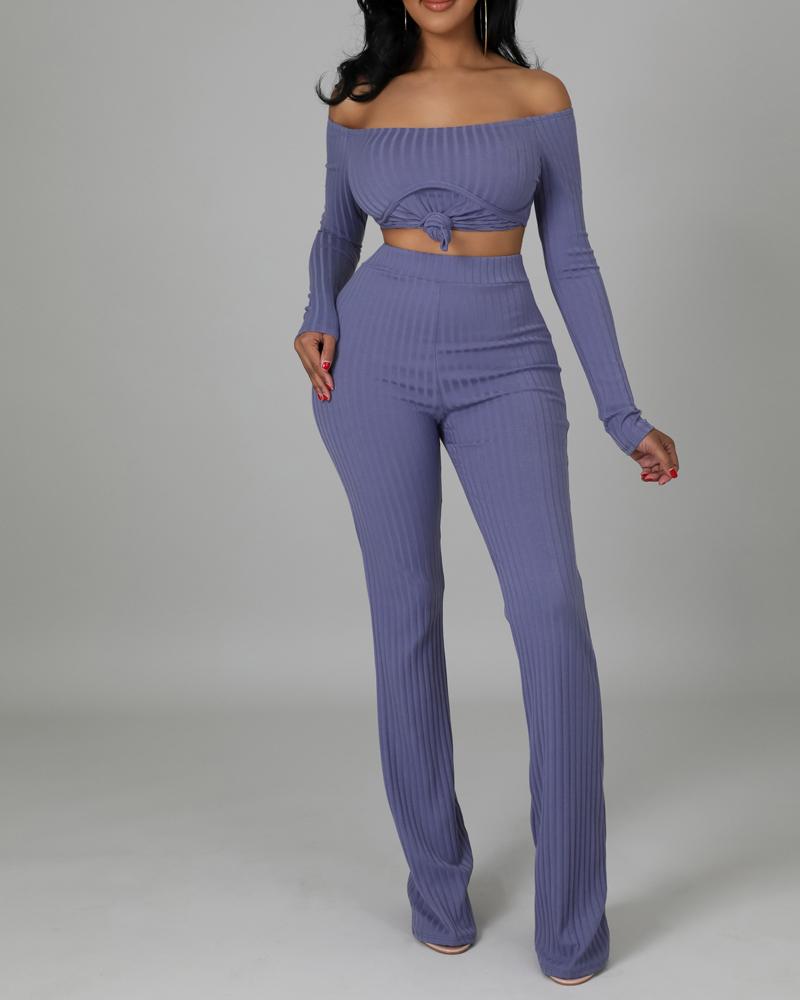 

Off Shoulder Asymmetrical Top & Bootcut Pants Set, Purple