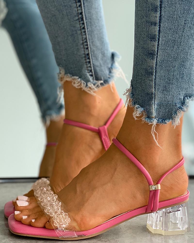 

Square Toe Beaded Clear Perspex Chunky Heels, Pink