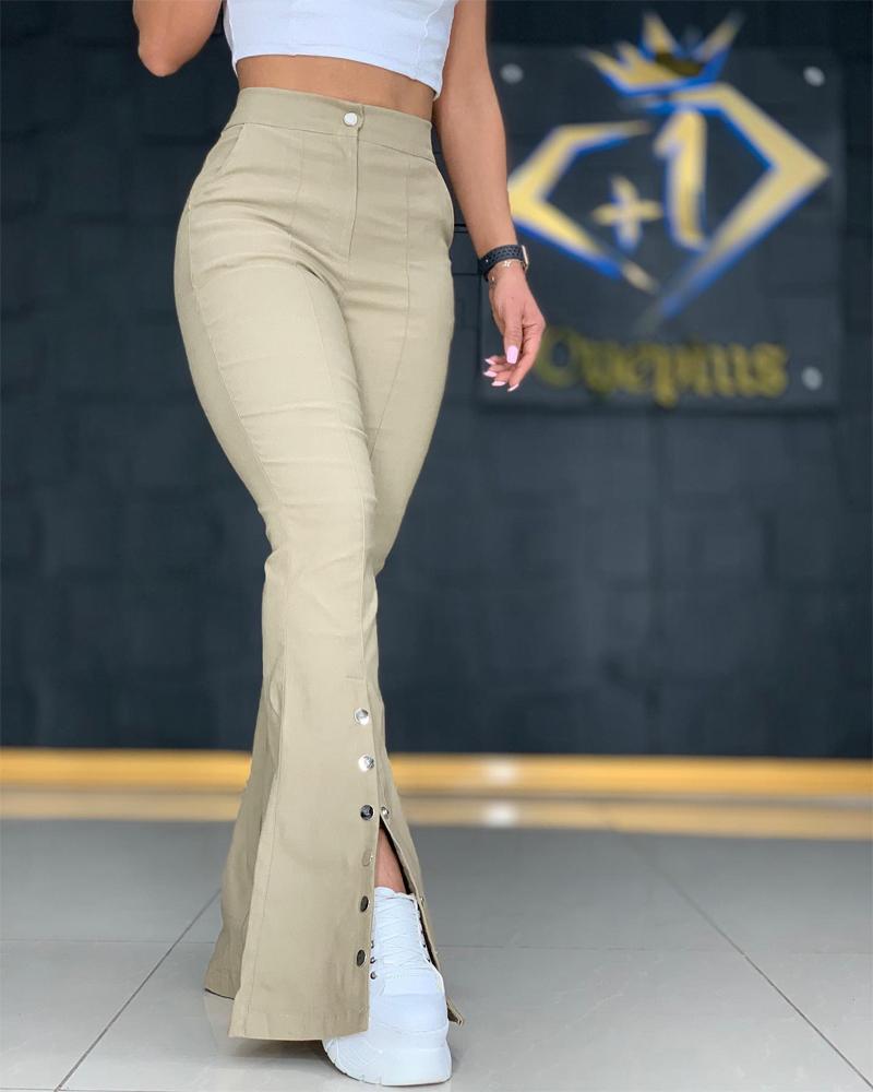 

Buttoned Pocket Design Slit Flared Pants, Khaki