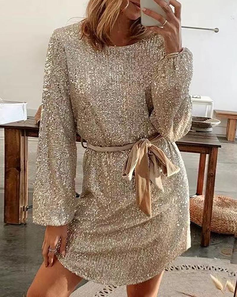

Lantern Sleeve Round Neck Sequin Dress, Gold