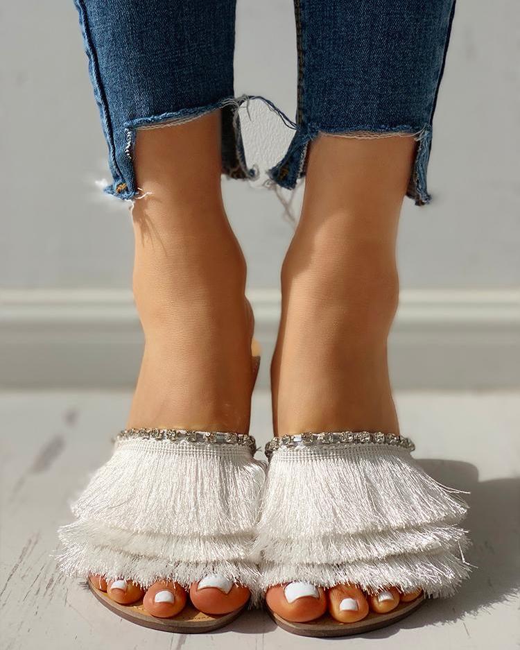 

Colorful Tassel Design Flat Sandals, White