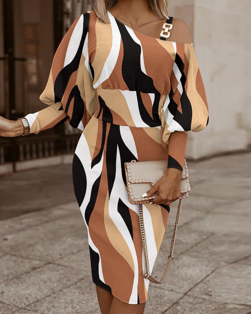 

Abstract Print Gigot Sleeve Chain Decor Midi Dress, Brown