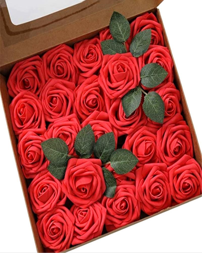 

Artificial Flowers 25pcs Real Looking Blush Foam Fake Roses with Stems for DIY Wedding Bouquets Bridal Shower Centerpieces Party Decorations, Red