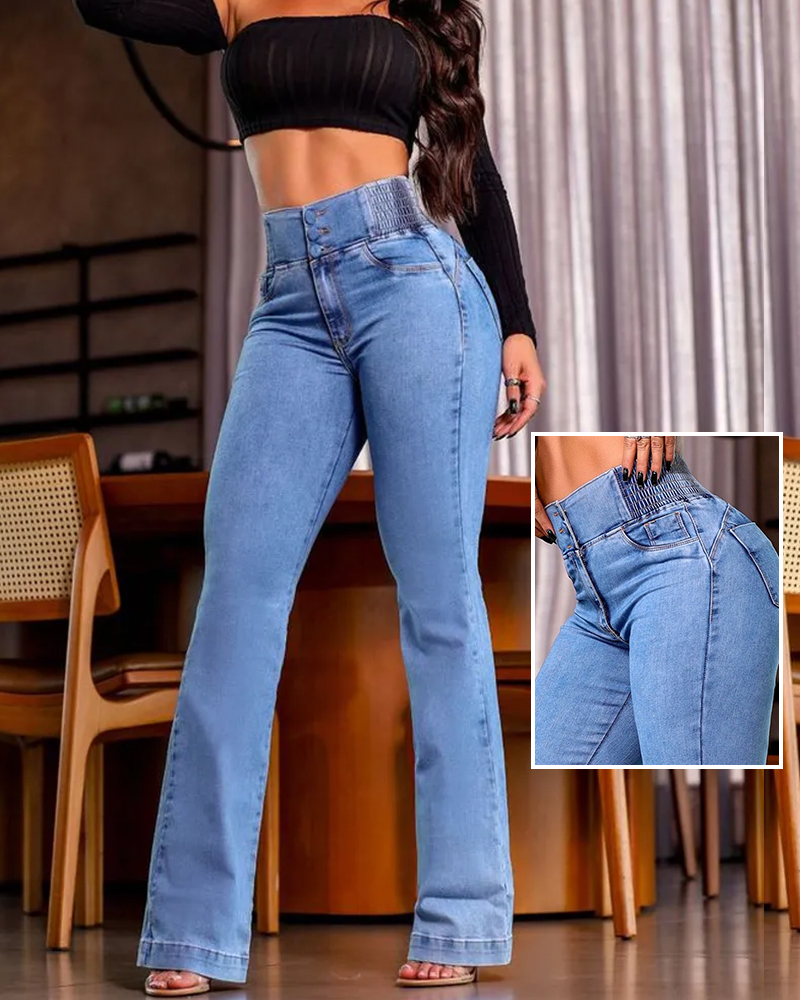 

Jeans de cintura alta com botões franzidos na frente, Lighted blue