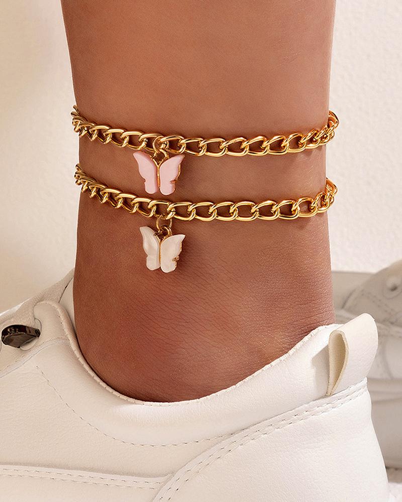 

2pcs Butterfly Pendant Chain Anklet, Gold