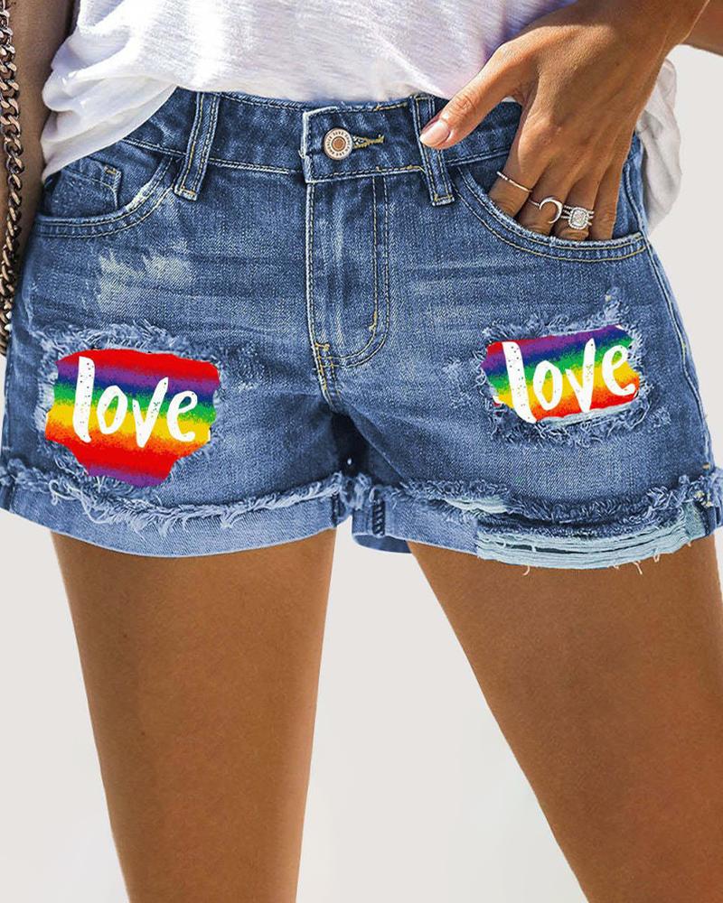 

Rainbow Stripe Love Print Patchwork Ripped Denim Shorts, Blue