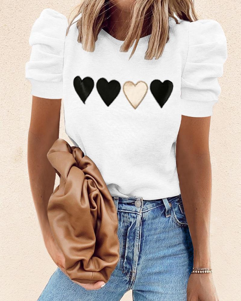 

Heart Print Puffed Sleeve Short Sleeve T-shirt, White