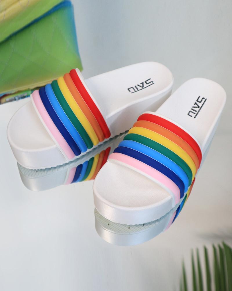 

Round-toe Rainbow Strap Platform Flat Slippers, White