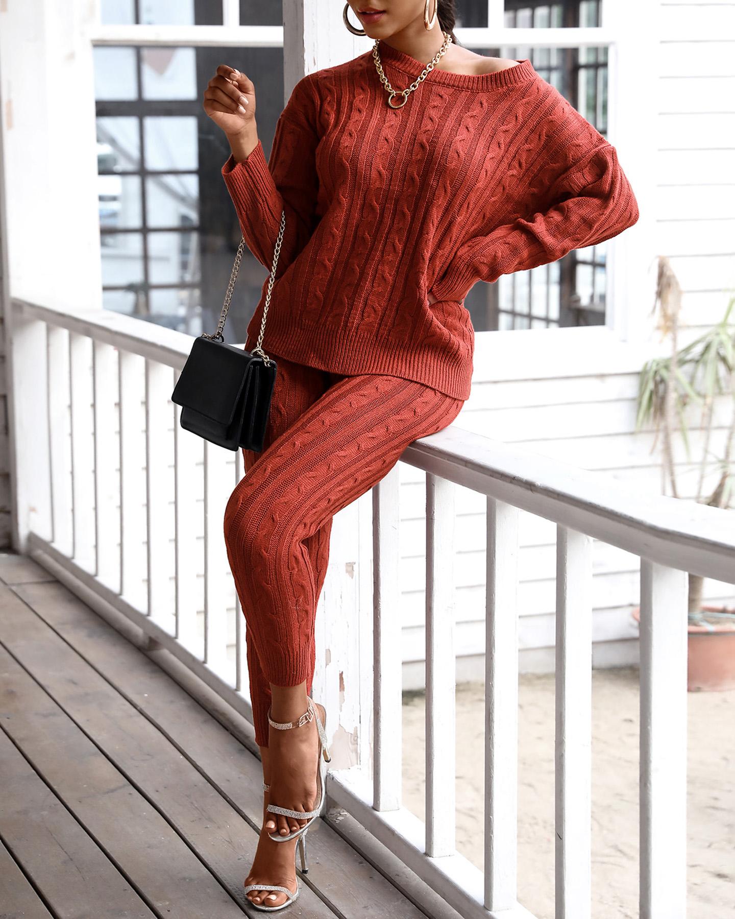 

Solid Ribbed Knitting Casual Sweater & Pants Sets, Wine red