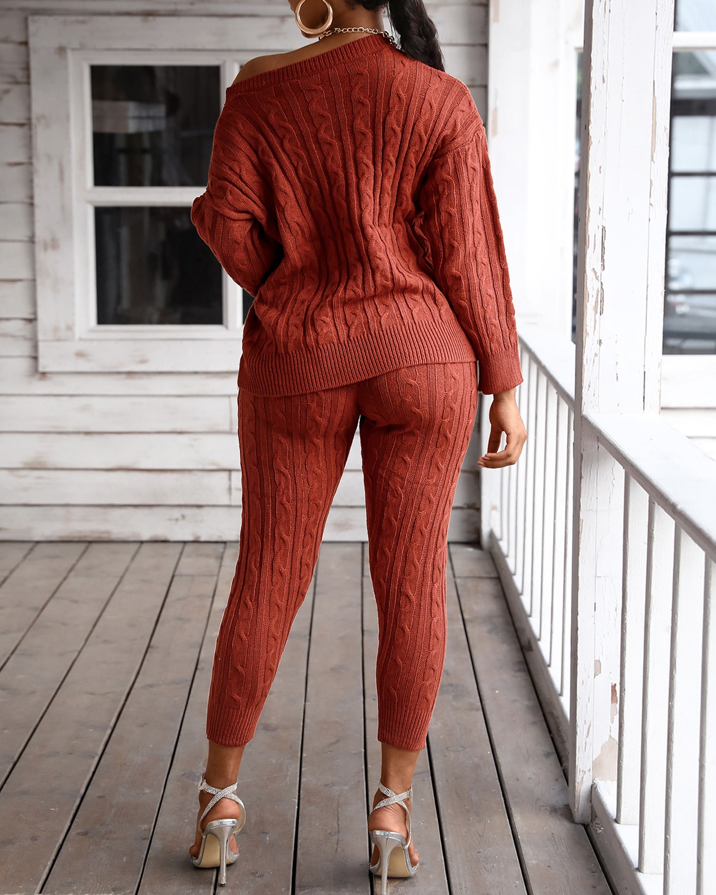 Solid Ribbed Knitting Casual Sweater & Pants Sets