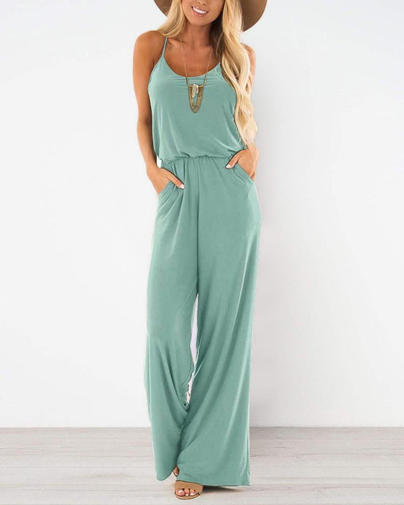 

Spaghetti Strap Pocket Design Jumpsuit, Lighted blue