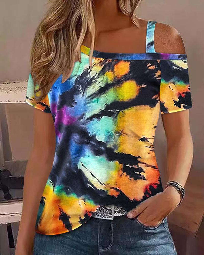 

Tie Dye Print Cold Shoulder T-shirt, Orange