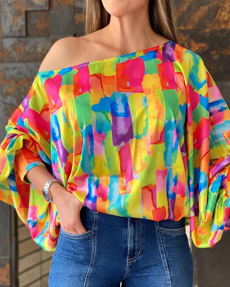 

All Over Print Lantern Sleeve Top, Multicolor