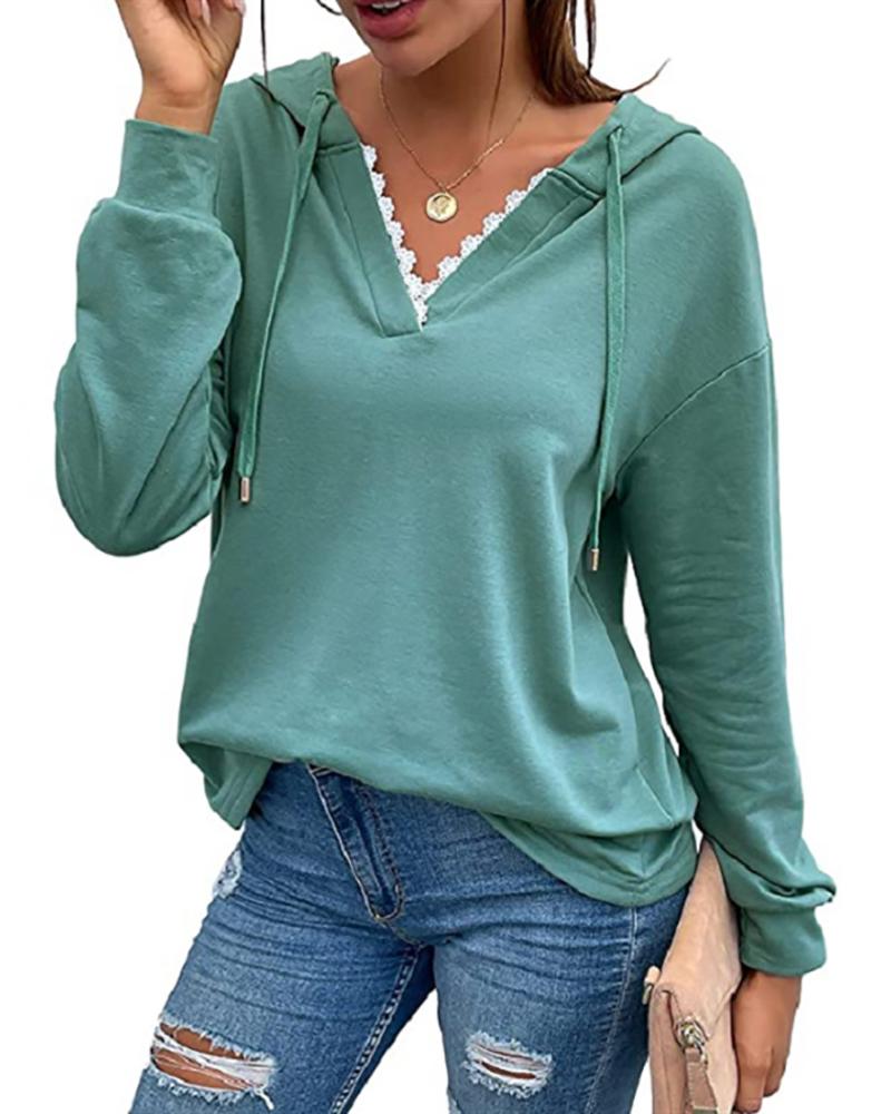 

Long Sleeve Lace Trim Hooded Sweatshirt, Blue