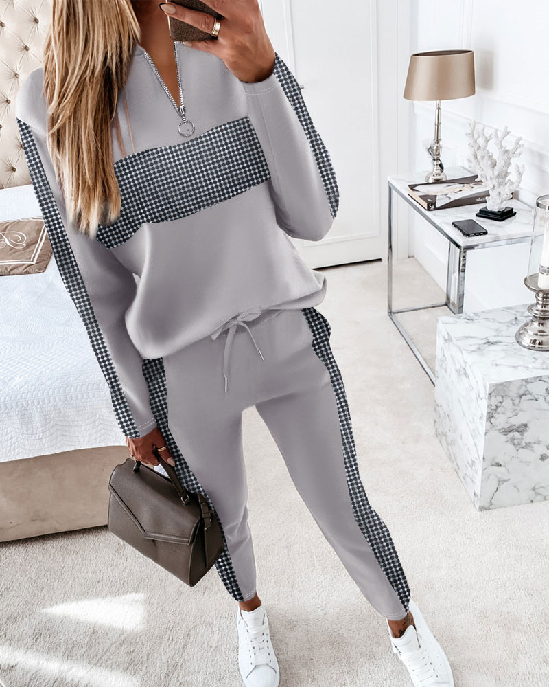 

Plaid Print Zip Front Long Sleeve Top & Drawstring Pants Set, Gray