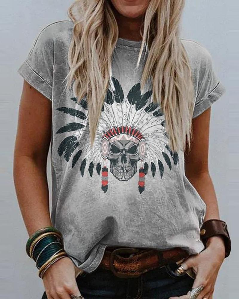 

Feather Tribal Print Casual T-shirt, Gray