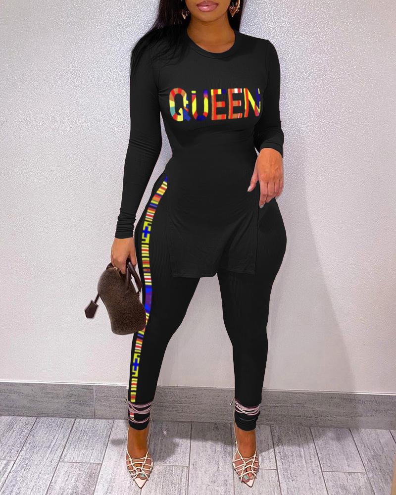

Letter Print Long Sleeve Top & Striped Pants Set, Black