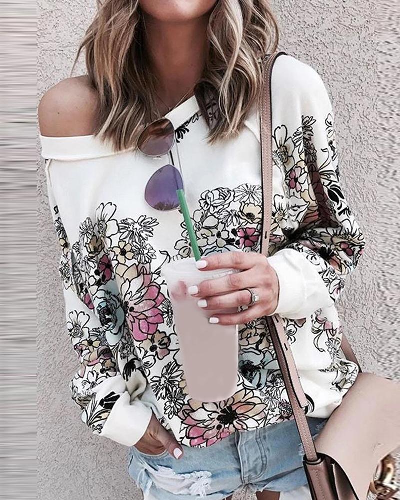 

Floral Print Long Sleeve Casual Top, White