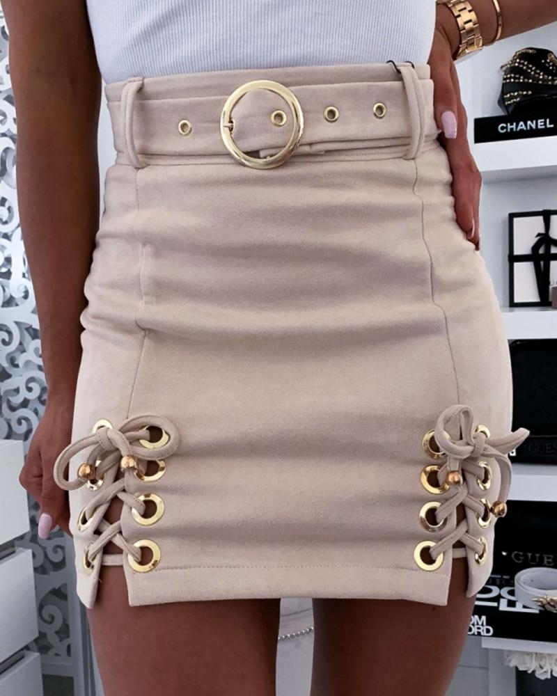 

Grommet Eyelet Lace-Up Mini Skirt With Belt, Apricot