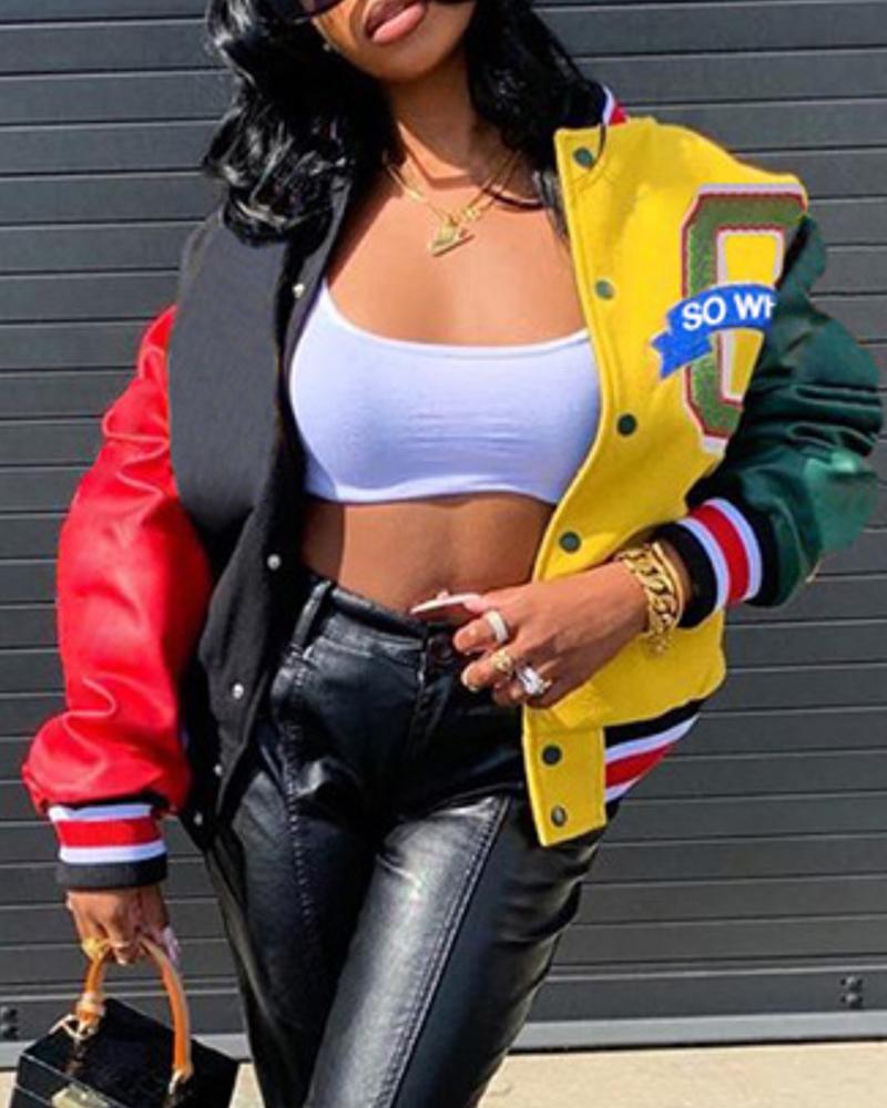 

Letter Print Colorblock Casual Bomber Coat, Yellow
