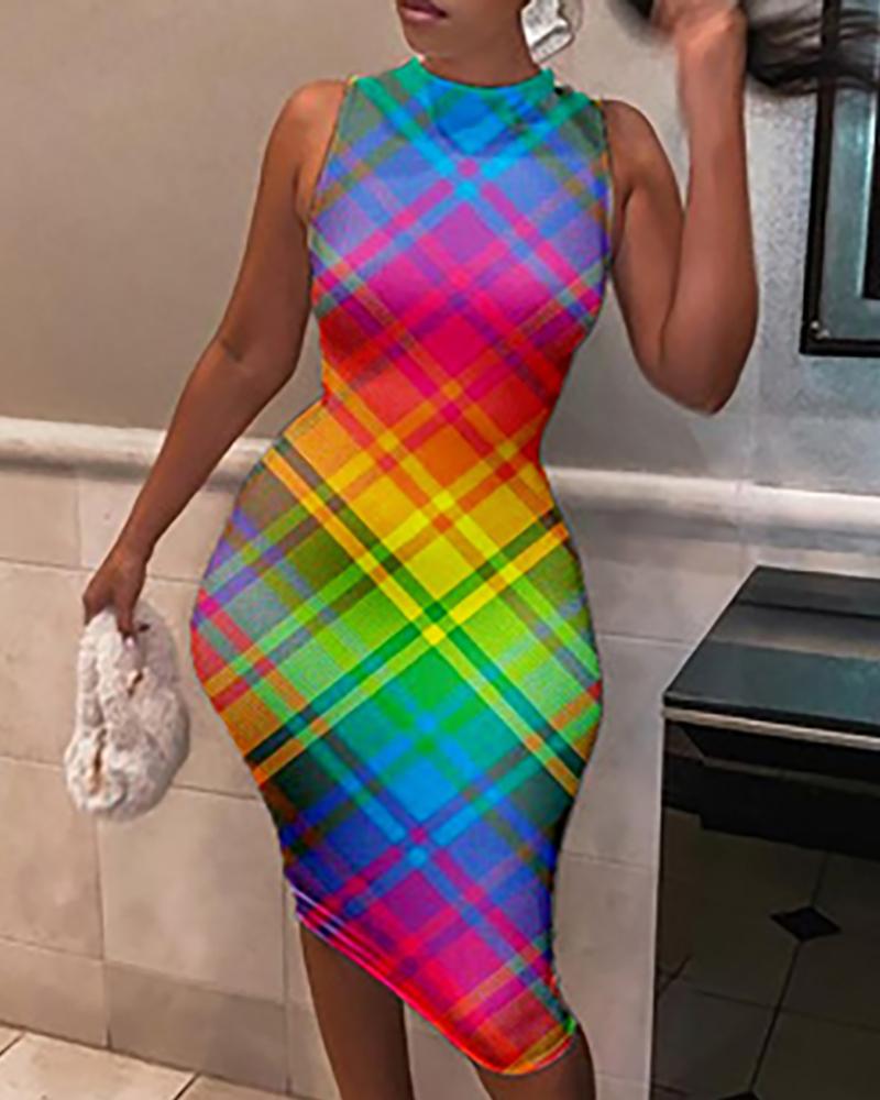 

Sleeveless Plaid Print Colorblock Skinny Midi Dress, Green