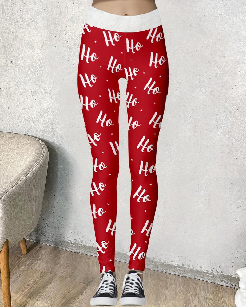 

Christmas Snowflake Letter Print Leggings, Red