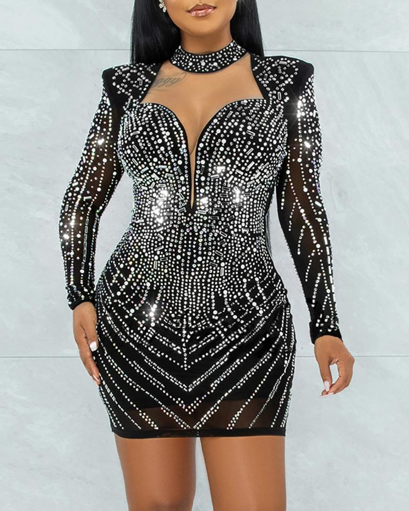 

Rhinestone Long Sleeve Ruched Party Dress, Black