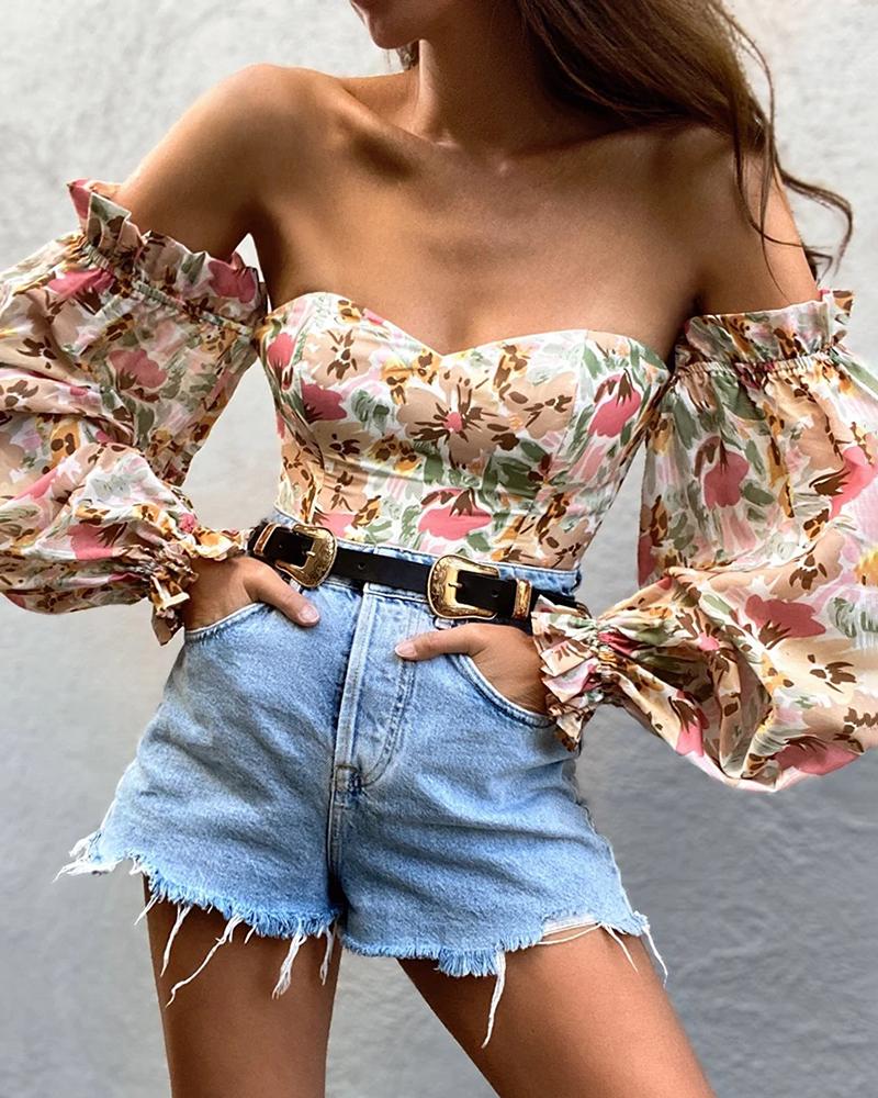 

Off Shoulder Floral / Tie Dye Print Lantern Sleeve Top, Apricot