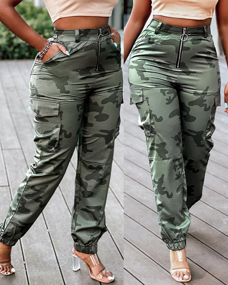 

Camo Print Zipper Fly Flap Pocket Cargo Pants, Green